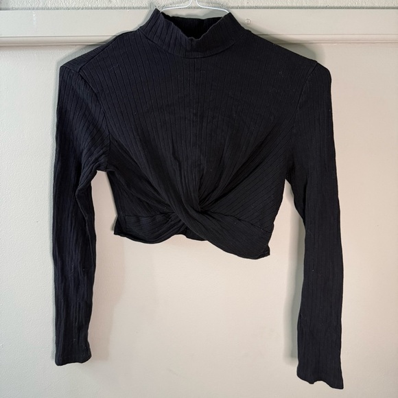 SHEIN Black Long Sleeve Tie Front Cropped Turtleneck Ribbed - Picture 1 of 8